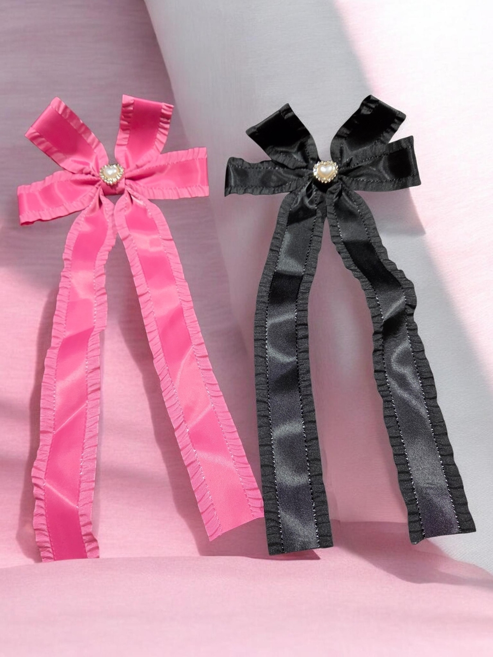 🚨5/$25 Pink OR Black Satin Ribbon Bow Hair Clips with Pearl Center Choose 1